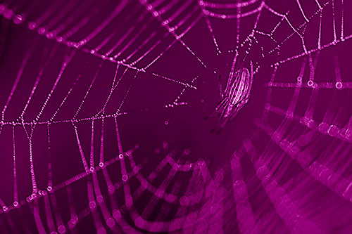 Hanging Orb Weaver Spider Perched Among Dew Covered Web (Pink Shade)