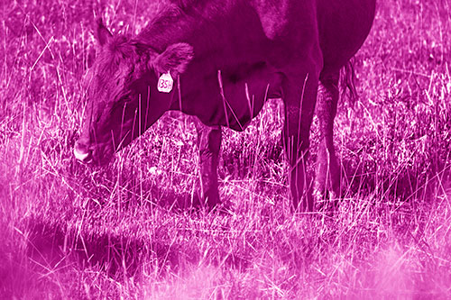 Hungry Cow Enjoying Grassy Meal (Pink Shade Photo)