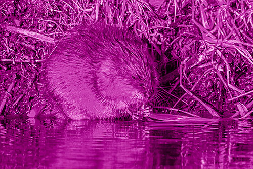 Hungry Muskrat Chews Water Reed Grass Along River Shore (Pink Shade Photo)