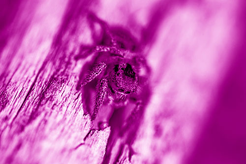 Jumping Spider Perched Among Wood Crevice (Pink Shade Photo)