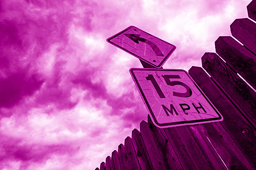 Left Turn Speed Limit Sign Beside Wooden Fence (Pink Shade Photo)