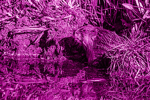 Shy Muskrat Sits Among Shallow Stream (Pink Shade)