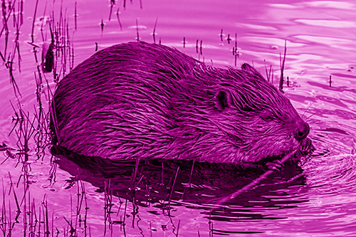 Sitting Beaver Nibbles Branch Along Shallow Rivershore (Pink Shade)