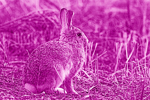 Sitting Bunny Rabbit Among Broken Plant Stems (Pink Shade Photo)