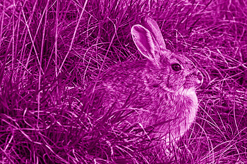 Sitting Bunny Rabbit Enjoying Sunrise Among Grass (Pink Shade Photo)