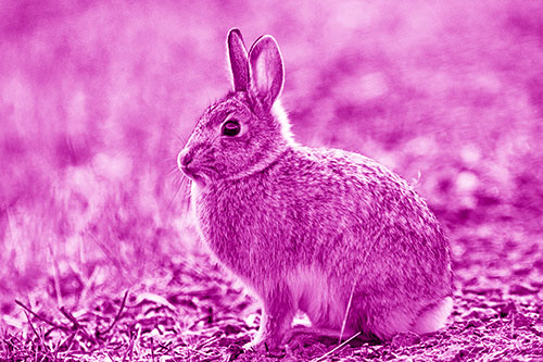 Sitting Bunny Rabbit Perched Beside Grass Blade (Pink Shade Photo)