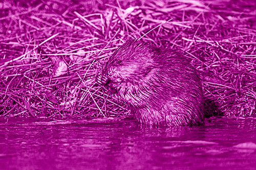 Soaked Muskrat Nibbles Grass Along River Shore (Pink Shade Photo)