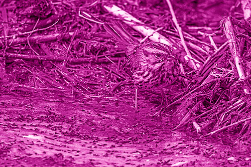 Song Sparrow Peeking Around Sticks (Pink Shade Photo)
