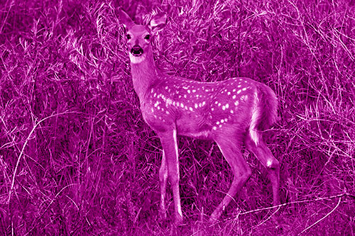 White Tailed Spotted Deer Stands Among Vegetation (Pink Shade Photo)