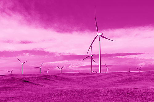 Wind Turbine Cluster Overtaking Hilly Horizon (Pink Shade Photo)