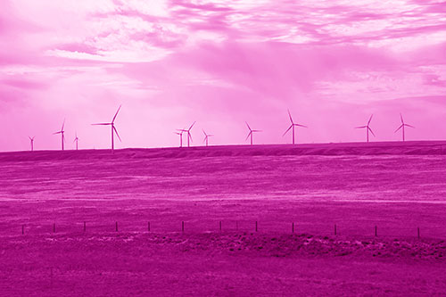 Wind Turbines Scattered Along The Prairie Horizon (Pink Shade Photo)