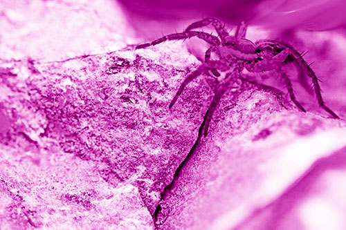 Wolf Spider Crawling Over Cracked Rock Crevice (Pink Shade Photo)