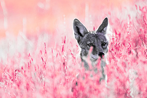 Coyote Peeking Head Above Feather Reed Grass (Pink Tint Photo)