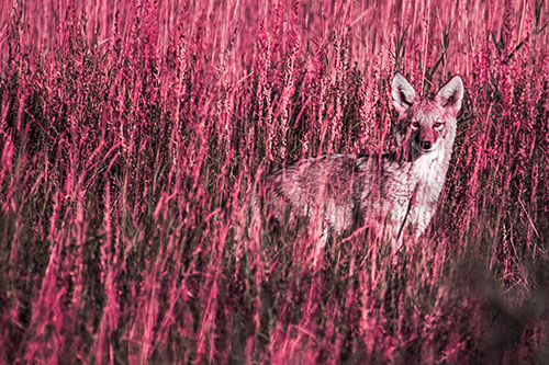 Coyote Watches Among Feather Reed Grass (Pink Tint Photo)