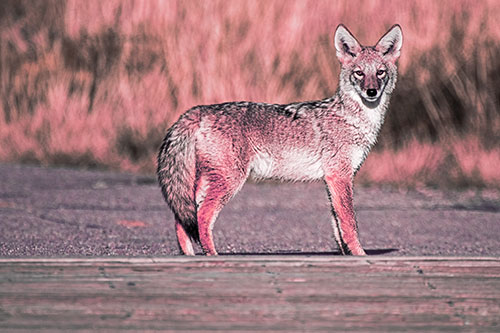 Crossing Coyote Glares Across Bridge Walkway (Pink Tint Photo)