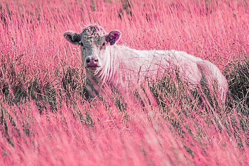 Curious Cow Awakens From Nap (Pink Tint Photo)