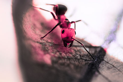 Curious Fire Ant Spreads Mandibles Among Sloping Milkweed Leaf (Pink Tint)
