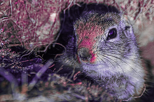 Curious Prairie Dog Watches From Dirt Tunnel Entrance (Pink Tint Photo)