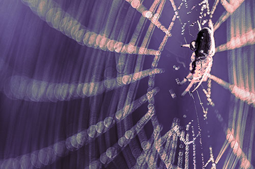 Dewy Orb Weaver Spider Hangs Among Web (Pink Tint Photo)