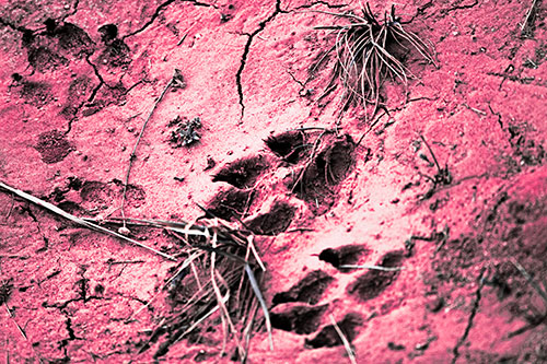 Dog Footprints On Dry Cracked Mud (Pink Tint Photo)