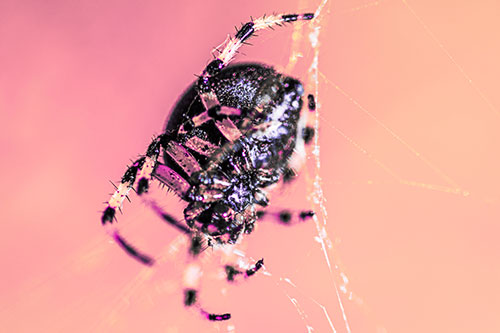 Furrow Orb Weaver Spider Descends Down Web (Pink Tint Photo)