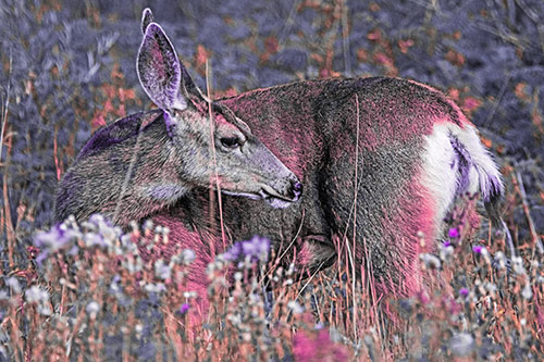 Grooming Mule Deer Bending Backwards Among Vegetation (Pink Tint)