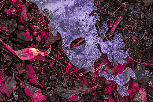 Half Melted Ice Face Atop Dead Leaves (Pink Tint Photo)