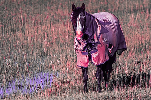 Horse Wearing Coat Standing Along Marsh (Pink Tint Photo)