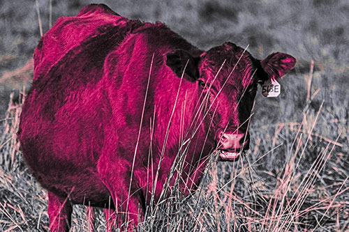 Hungry Open Mouthed Cow Enjoying Hay (Pink Tint)
