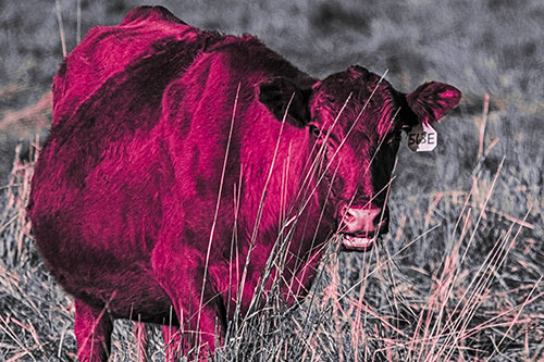 Hungry Open Mouthed Cow Enjoying Hay (Pink Tint Photo)