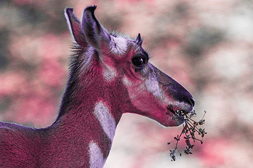 Hungry Pronghorn Gobbles Leafy Plant (Pink Tint Photo)