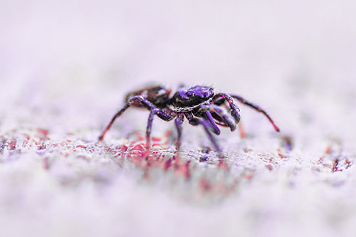 Jumping Spider Crawling Along Flat Terrain (Pink Tint Photo)