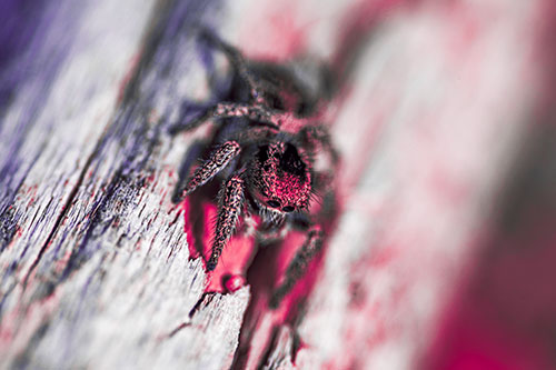 Jumping Spider Perched Among Wood Crevice (Pink Tint Photo)