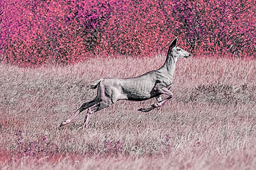 Leaping Mule Deer Running Across Grassland (Pink Tint)