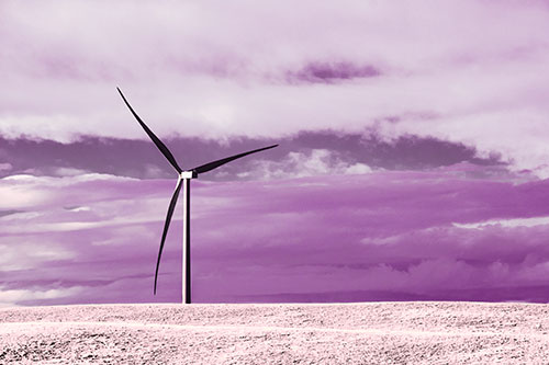 Lone Wind Turbine Standing Along Dry Prairie Horizon (Pink Tint Photo)