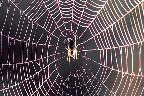 Orb Weaver Spider Rests Among Web Center (Pink Tint Photo)