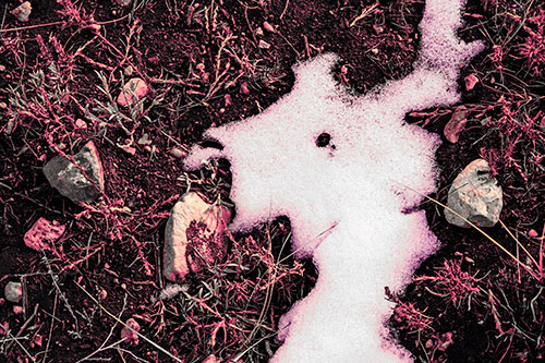 Peering Humanoid Snow Face Creature Among Rocks (Pink Tint Photo)