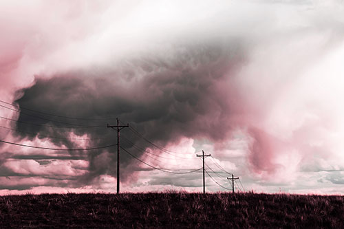 Rainstorm Clouds Twirl Beyond Powerlines (Pink Tint Photo)
