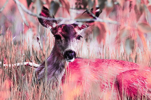 Resting White Tailed Deer Watches Surroundings (Pink Tint Photo)