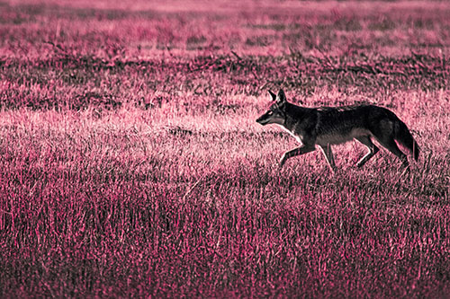 Running Coyote Hunting Among Grass Prairie (Pink Tint Photo)