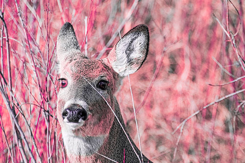 Scared White Tailed Deer Among Branches (Pink Tint Photo)