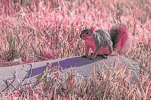 Shadow Casting Squirrel Sitting Atop Concrete Drain (Pink Tint)