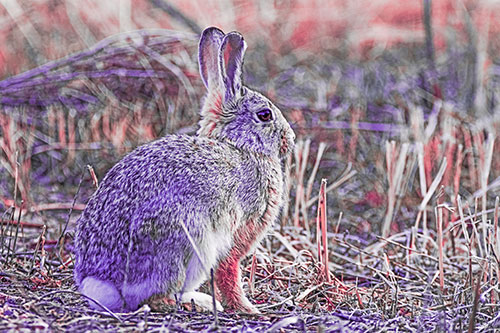 Sitting Bunny Rabbit Among Broken Plant Stems (Pink Tint Photo)