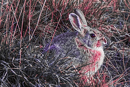 Sitting Bunny Rabbit Enjoying Sunrise Among Grass (Pink Tint Photo)
