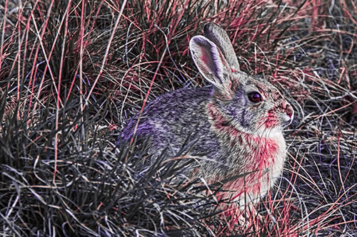 Sitting Bunny Rabbit Enjoying Sunrise Among Grass (Pink Tint)
