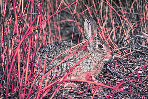 Sitting Bunny Rabbit Enjoying Sunshine Among Sticks (Pink Tint)