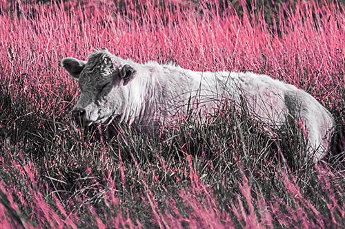 Sleeping Cow Resting Among Grass (Pink Tint)