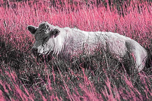 Sleeping Cow Resting Among Grass (Pink Tint Photo)