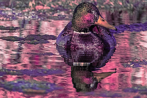 Soaked Mallard Duck Casts Pond Water Reflection (Pink Tint Photo)