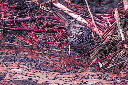 Song Sparrow Peeking Around Sticks (Pink Tint Photo)